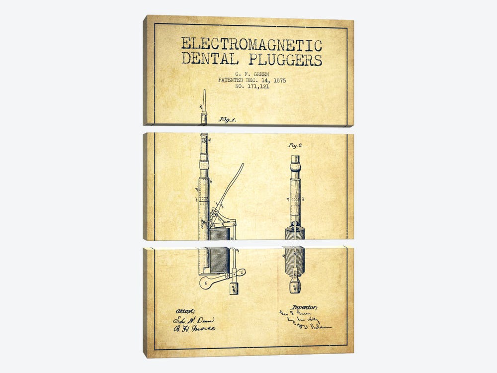 Electromagnetic Dental Pluggers Vintage Patent Blueprint by Aged Pixel 3-piece Canvas Art Print