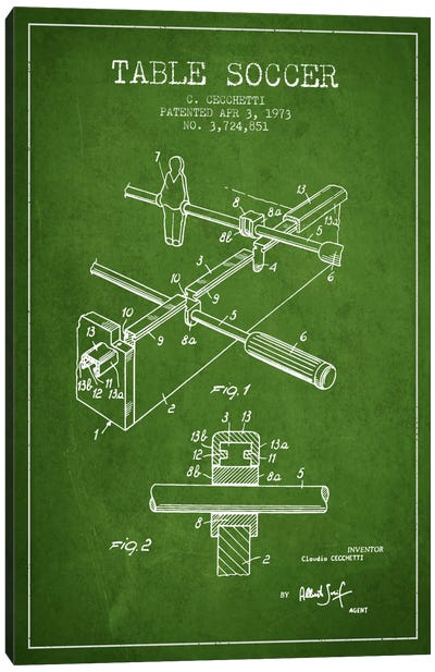 Table Soccer Green Patent Blueprint Canvas Art Print - Toy & Game Blueprints