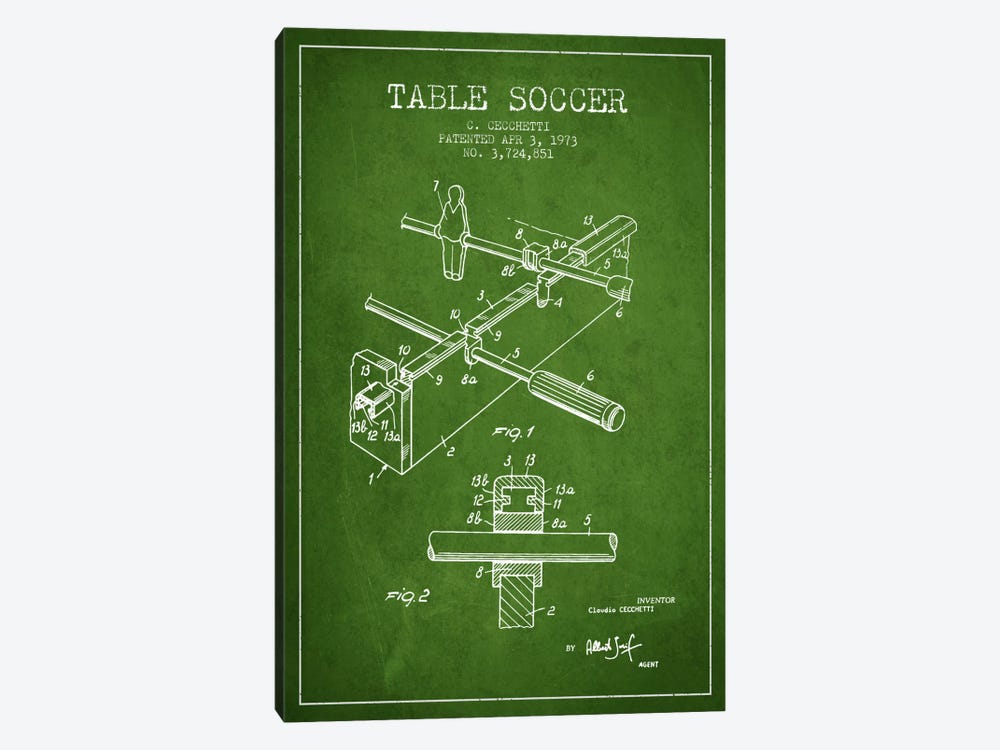 Table Soccer Green Patent Blueprint by Aged Pixel 1-piece Canvas Artwork