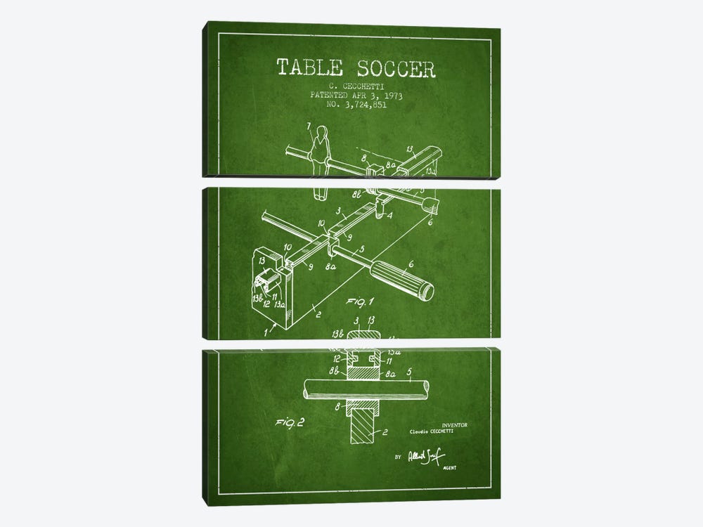 Table Soccer Green Patent Blueprint by Aged Pixel 3-piece Canvas Artwork