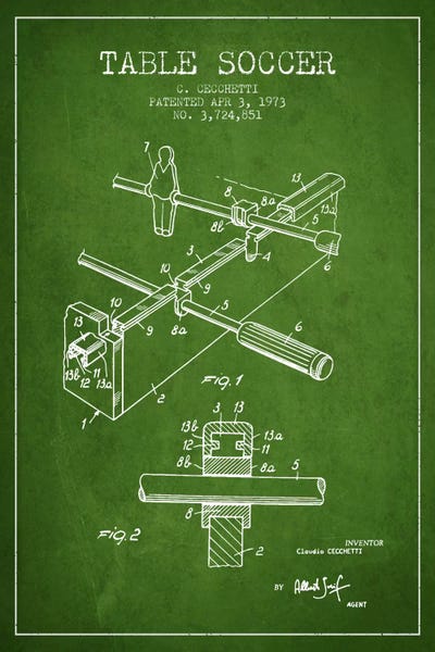 Toy & Game Blueprints: Table Soccer Green Patent Blueprint by Aged Pixel