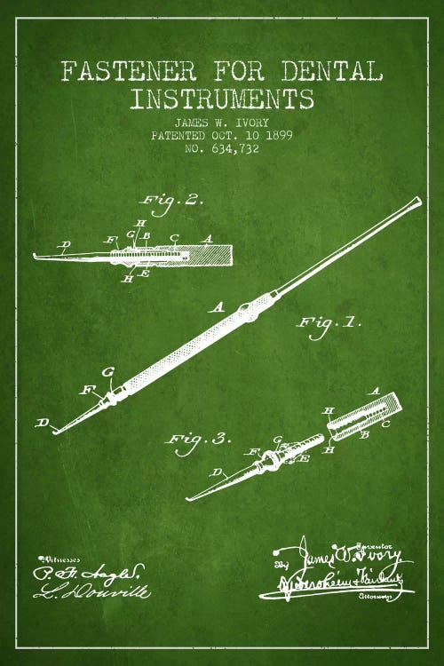 Fastener Dental Instruments Green Patent Blueprint by Aged Pixel wall art
