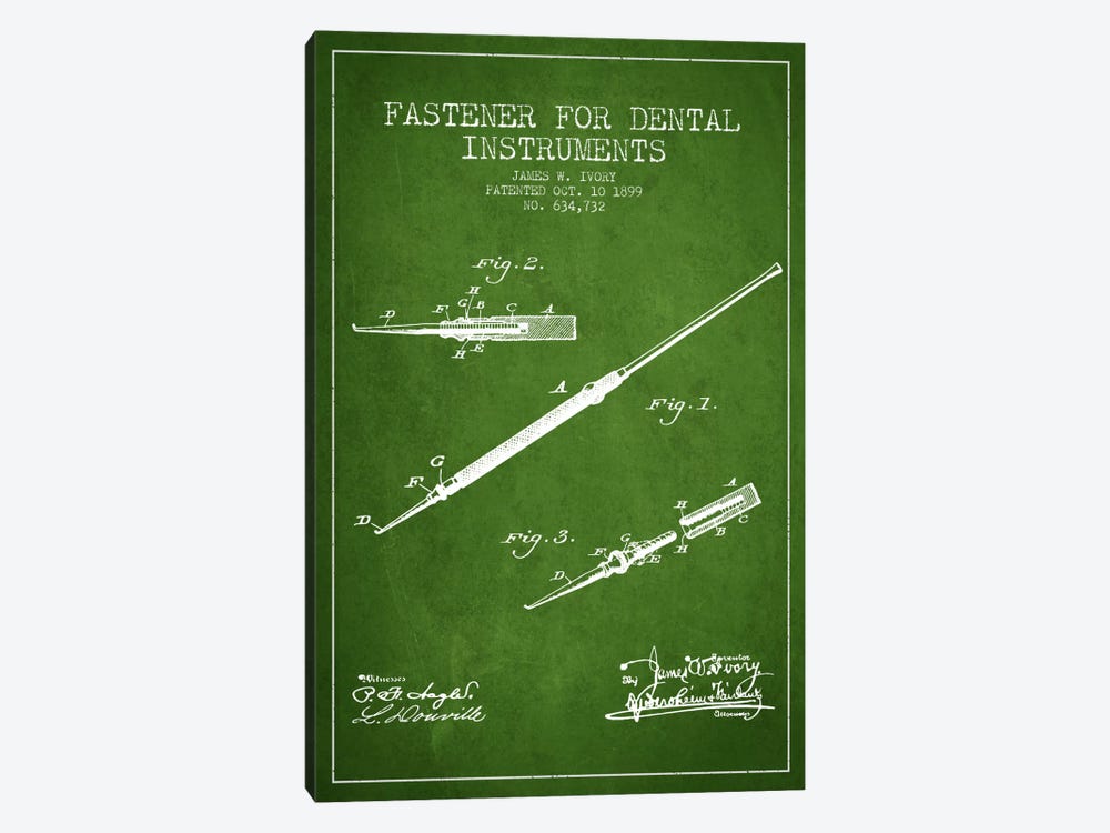 Fastener Dental Instruments Green Patent Blueprint by Aged Pixel 1-piece Canvas Wall Art