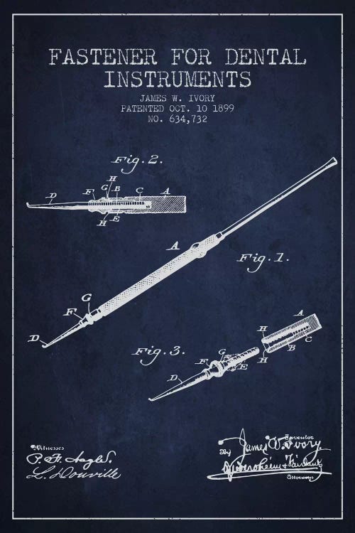 Fastener Dental Instruments Navy Blue Patent Blueprint by Aged Pixel wall art