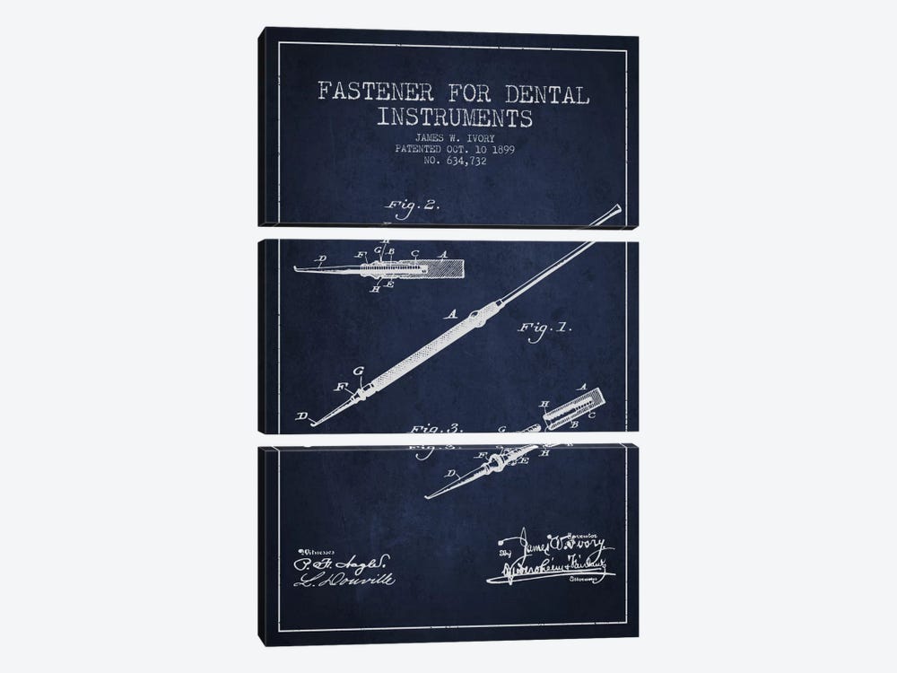 Fastener Dental Instruments Navy Blue Patent Blueprint by Aged Pixel 3-piece Art Print