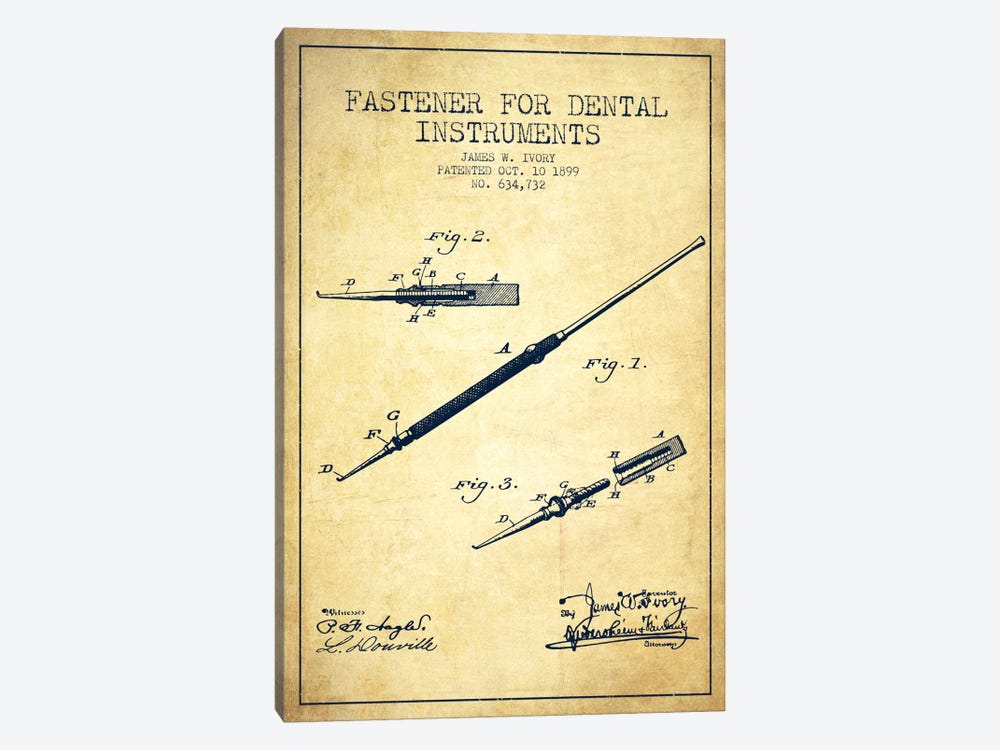 Fastener Dental Instruments Vintage Patent Blueprint by Aged Pixel 1-piece Canvas Print