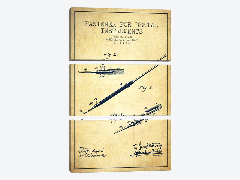 Fastener Dental Instruments Vintage Patent Blueprint by Aged Pixel 3-piece Art Print