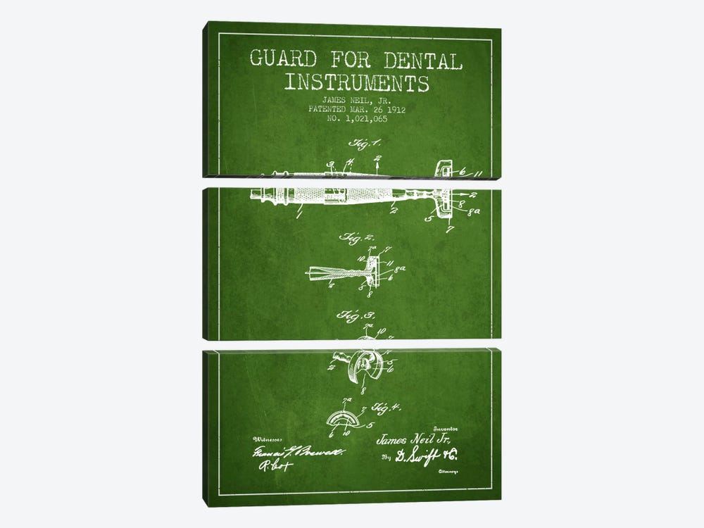 Guard Dental Instruments Green Patent Blueprint by Aged Pixel 3-piece Canvas Art Print