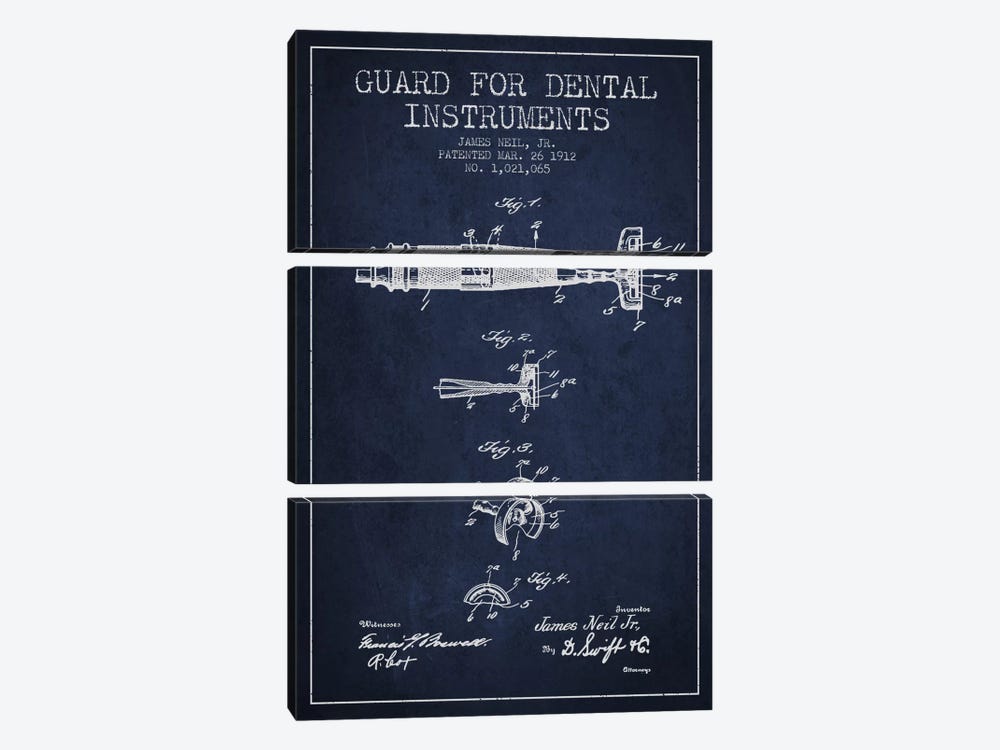 Guard Dental Instruments Navy Blue Patent Blueprint by Aged Pixel 3-piece Canvas Artwork