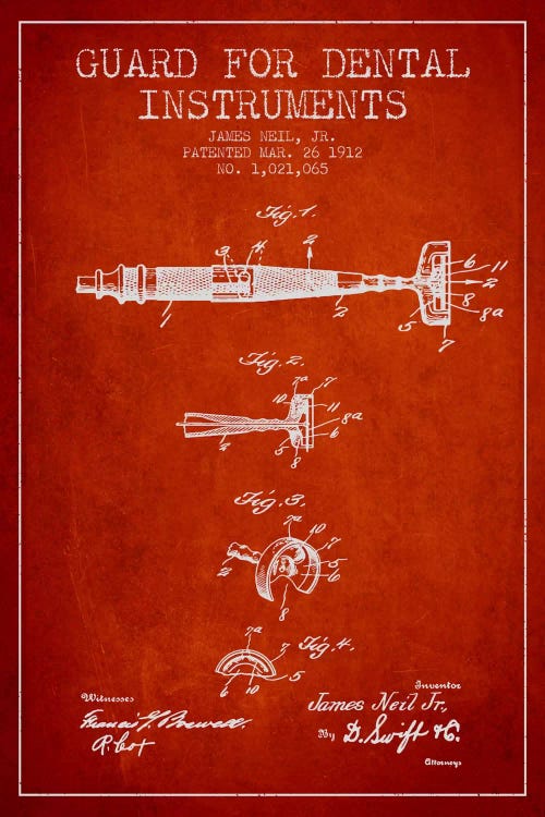 Guard Dental Instruments Red Patent Blueprint by Aged Pixel wall art