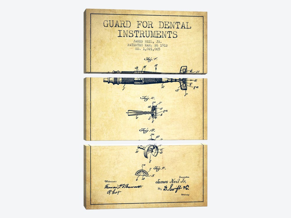 Guard Dental Instruments Vintage Patent Blueprint by Aged Pixel 3-piece Canvas Art