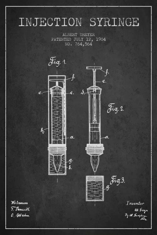 Injection Syringe Charcoal Patent Blueprint by Aged Pixel wall art