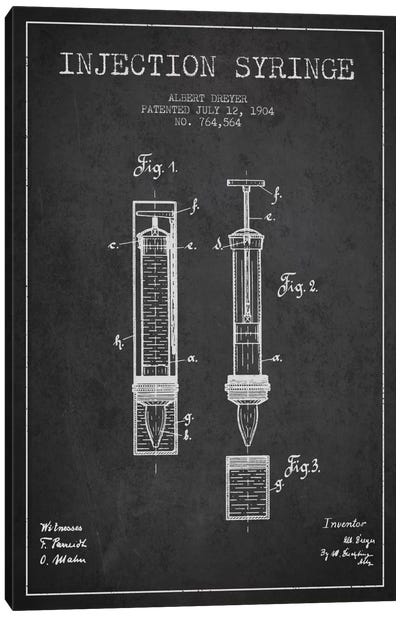 Injection Syringe Charcoal Patent Blueprint Canvas Art Print - Medical & Dental Blueprints