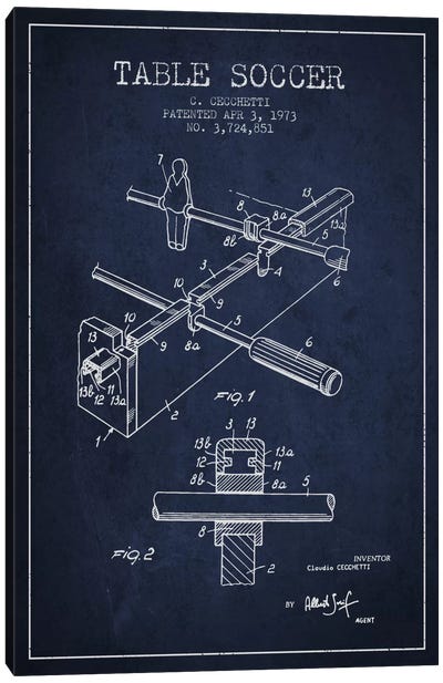 Table Soccer Navy Blue Patent Blueprint Canvas Art Print - Toy & Game Blueprints