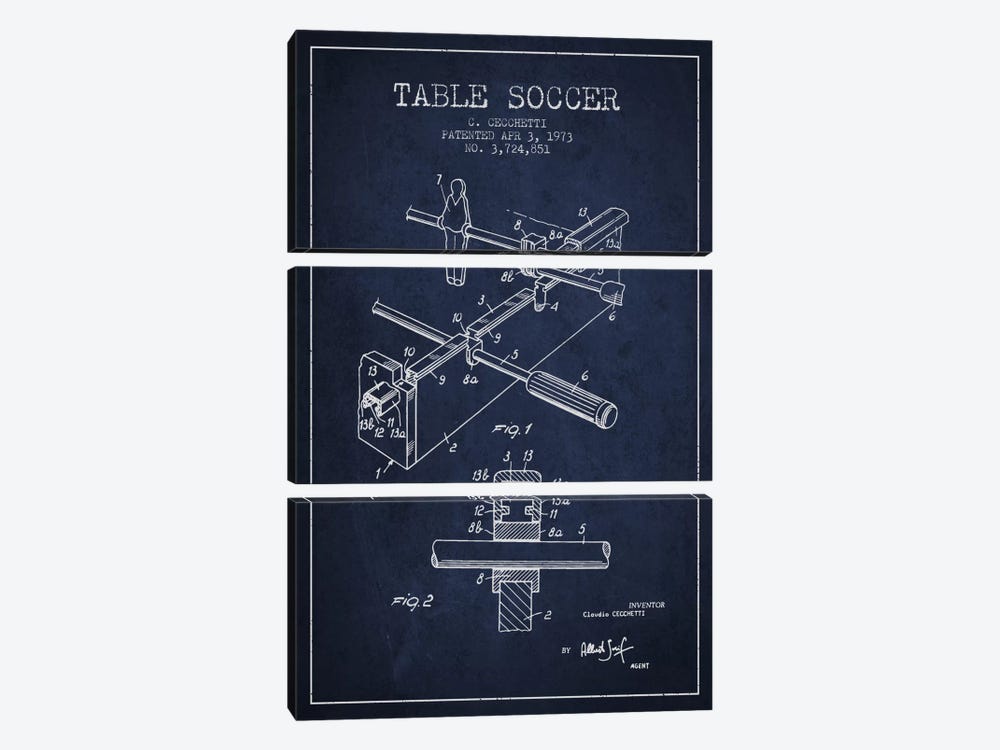 Table Soccer Navy Blue Patent Blueprint by Aged Pixel 3-piece Canvas Art Print