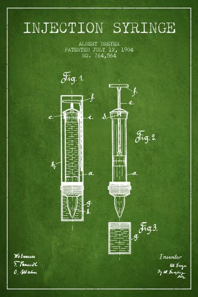 Injection Syringe Green Patent Blueprint by Aged Pixel art print