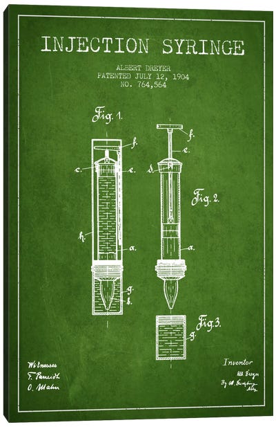Injection Syringe Green Patent Blueprint Canvas Art Print - Aged Pixel: Medical & Dental