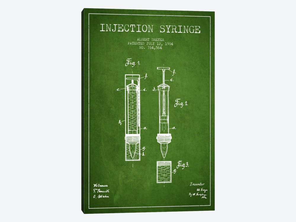 Injection Syringe Green Patent Blueprint by Aged Pixel 1-piece Canvas Print