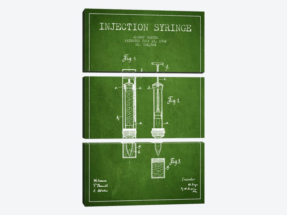 Injection Syringe Green Patent Blueprint by Aged Pixel 3-piece Canvas Print