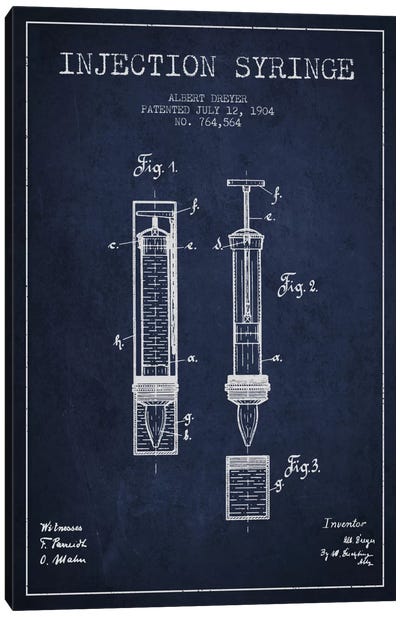 Injection Syringe Navy Blue Patent Blueprint Canvas Art Print - Medical & Dental Blueprints