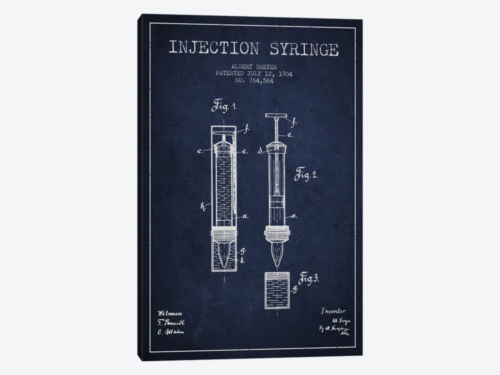Injection Syringe Navy Blue Patent Blueprint 1-piece Canvas Art