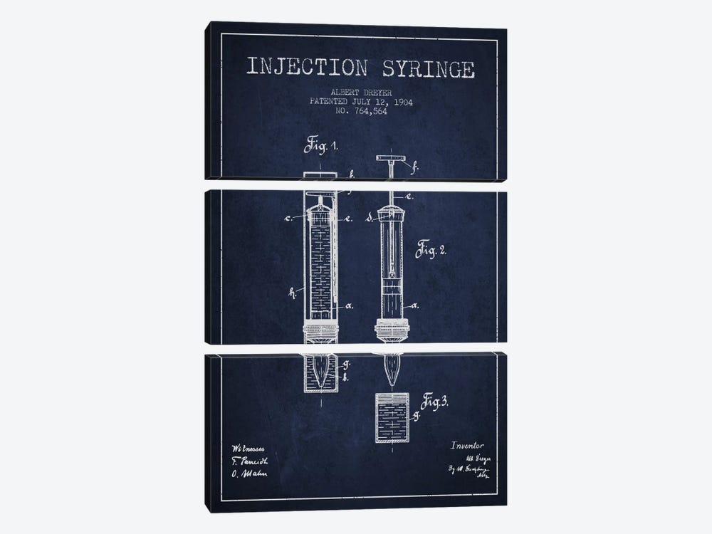 Injection Syringe Navy Blue Patent Blueprint by Aged Pixel 3-piece Canvas Artwork