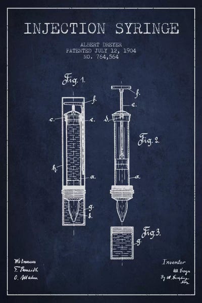Aged Pixel: Injection Syringe Navy Blue Patent Blueprint by Aged Pixel