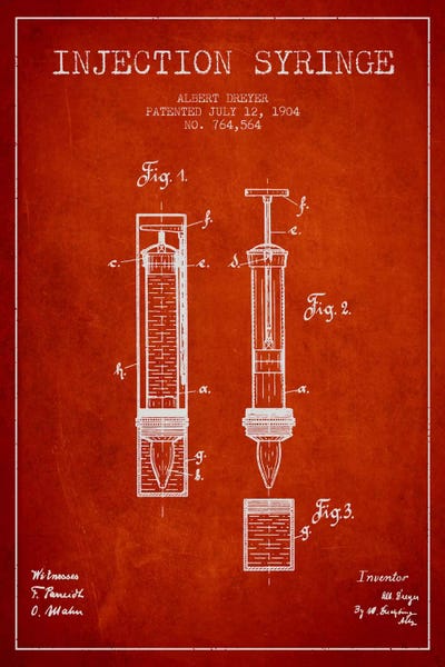 Injection Syringe Red Patent Blueprint by Aged Pixel framed wall art