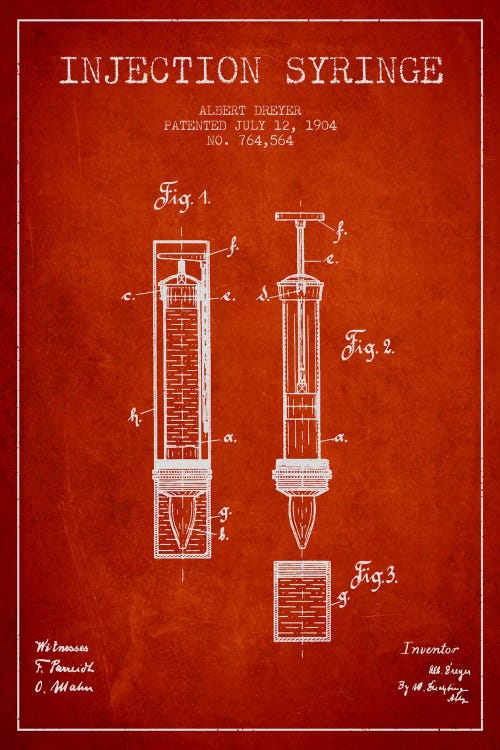 Injection Syringe Red Patent Blueprint by Aged Pixel wall art