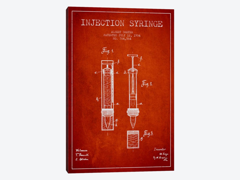 Injection Syringe Red Patent Blueprint by Aged Pixel 1-piece Canvas Art Print