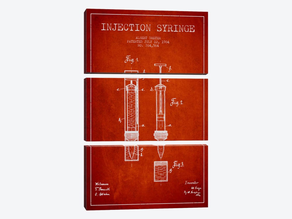 Injection Syringe Red Patent Blueprint by Aged Pixel 3-piece Art Print