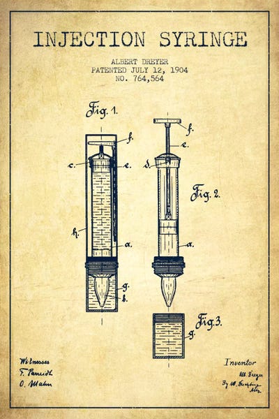 Injection Syringe Vintage Patent Blueprint by Aged Pixel canvas print