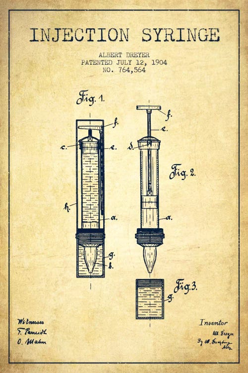 Injection Syringe Vintage Patent Blueprint