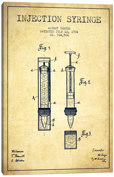Injection Syringe Vintage Patent Blueprint Canvas Art Print - Medical & Dental Blueprints