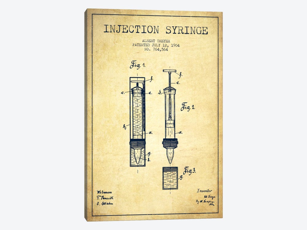 Injection Syringe Vintage Patent Blueprint by Aged Pixel 1-piece Canvas Artwork