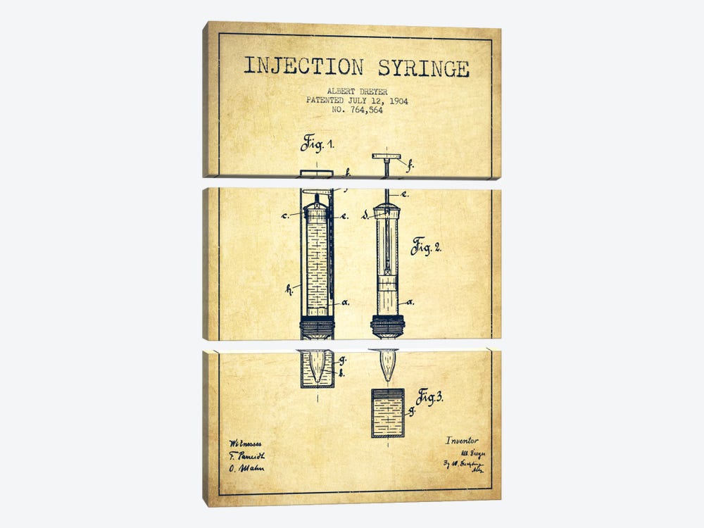 Injection Syringe Vintage Patent Blueprint by Aged Pixel 3-piece Canvas Artwork