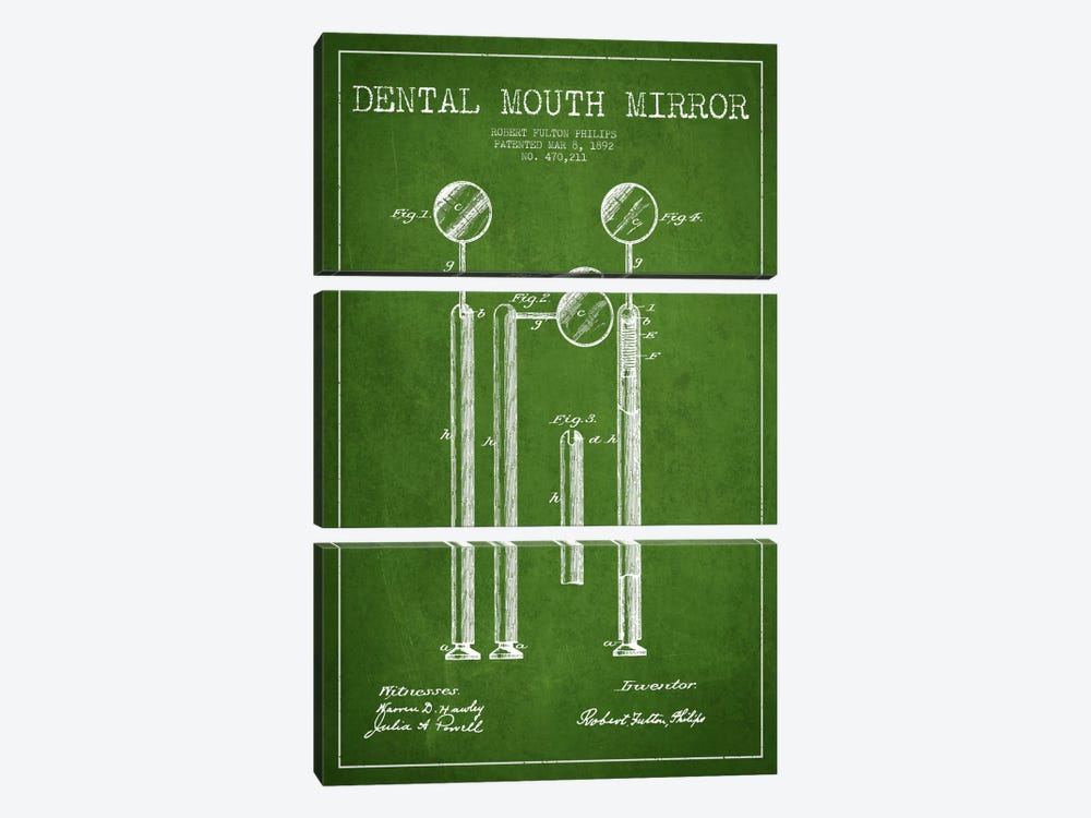 Mouth Mirror Green Patent Blueprint by Aged Pixel 3-piece Canvas Wall Art