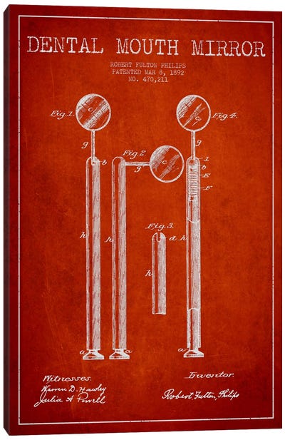 Mouth Mirror Red Patent Blueprint Canvas Art Print - Aged Pixel: Medical & Dental