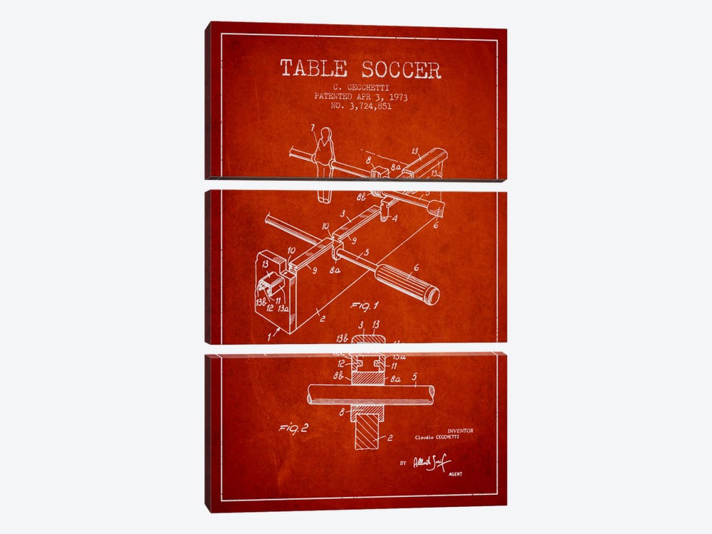 Table Soccer Red Patent Blueprint by Aged Pixel 3-piece Canvas Art