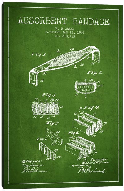 Absorbent Bandage Green Patent Blueprint Canvas Art Print - Medical & Dental Blueprints