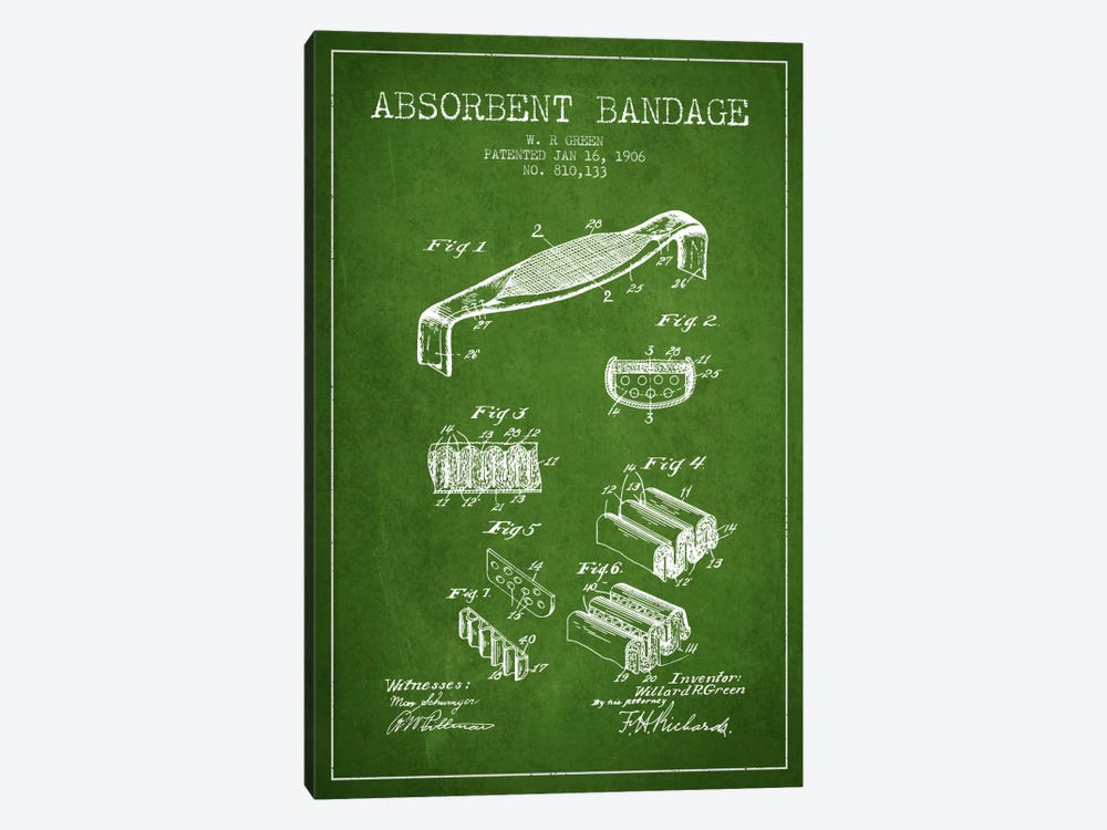 Absorbent Bandage Green Patent Blueprint by Aged Pixel 1-piece Canvas Artwork