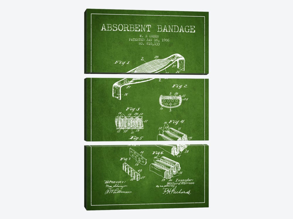 Absorbent Bandage Green Patent Blueprint by Aged Pixel 3-piece Canvas Artwork