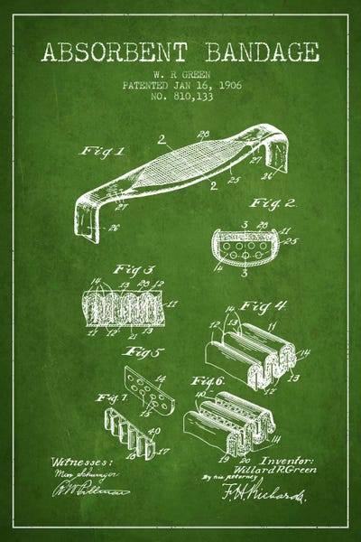 Medical & Dental Blueprints: Absorbent Bandage Green Patent Blueprint by Aged Pixel