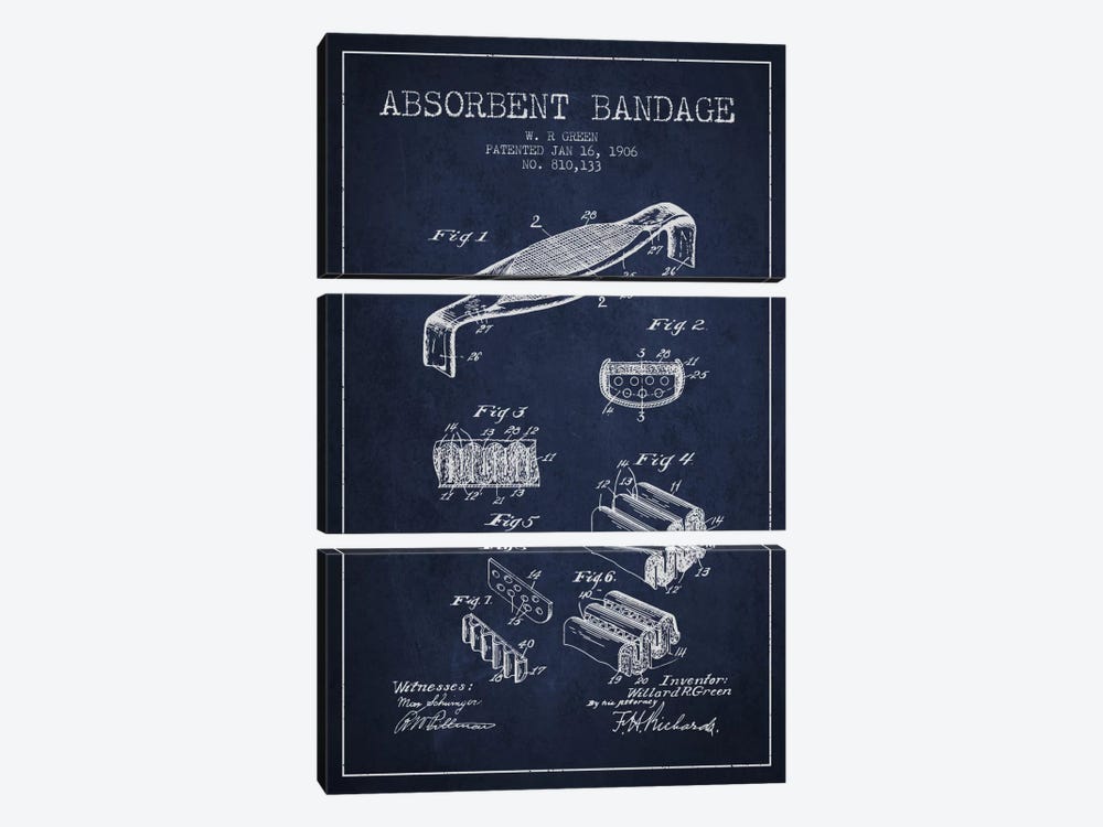Absorbent Bandage Navy Blue Patent Blueprint by Aged Pixel 3-piece Canvas Art Print