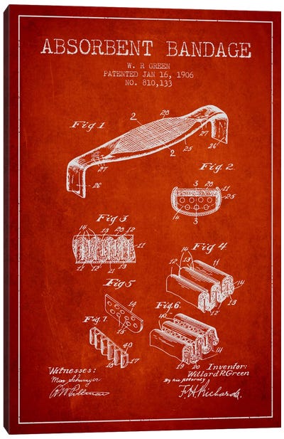 Absorbent Bandage Red Patent Blueprint Canvas Art Print - Aged Pixel: Medical & Dental