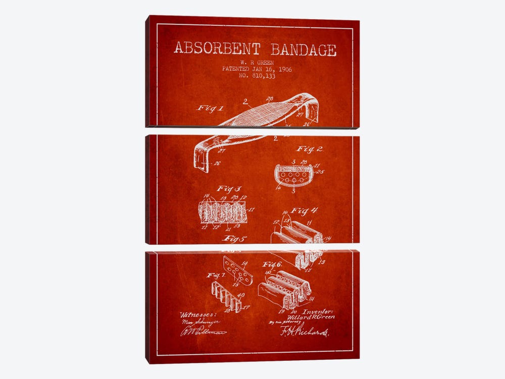 Absorbent Bandage Red Patent Blueprint by Aged Pixel 3-piece Canvas Wall Art