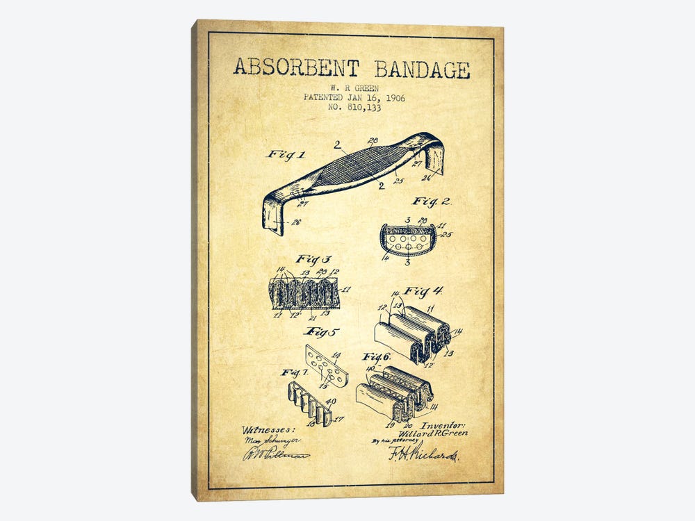 Absorbent Bandage Vintage Patent Blueprint by Aged Pixel 1-piece Canvas Art Print