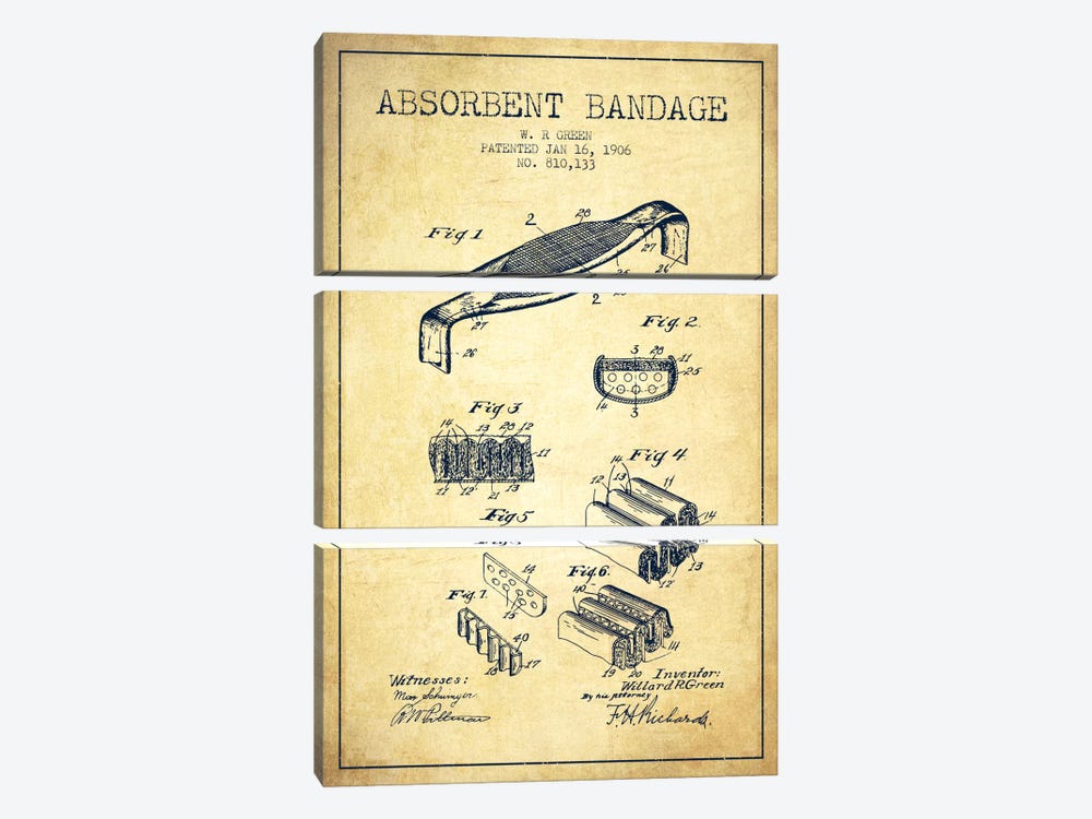 Absorbent Bandage Vintage Patent Blueprint by Aged Pixel 3-piece Art Print