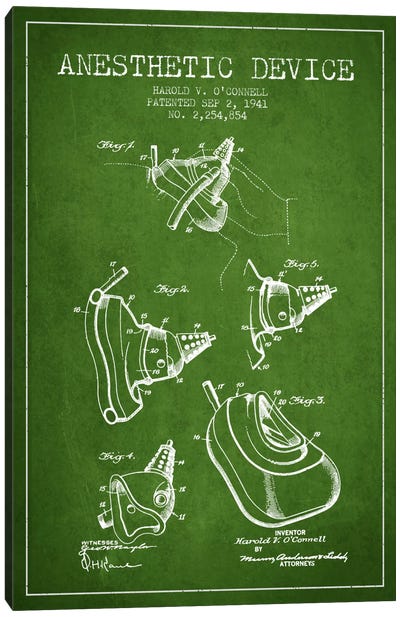 Anesthetic Device Green Patent Blueprint Canvas Art Print