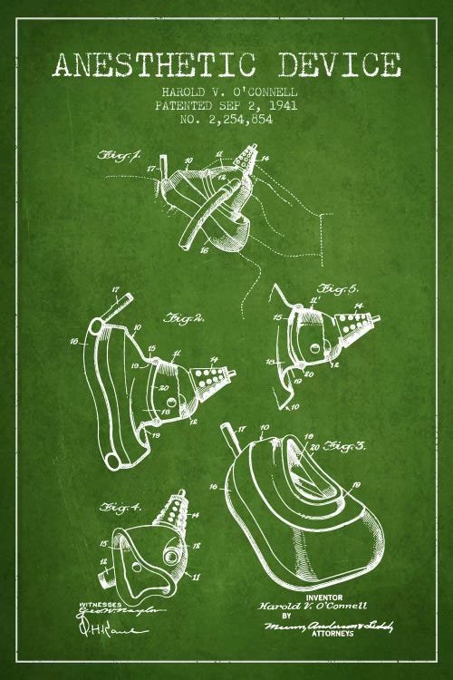 Anesthetic Device Green Patent Blueprint by Aged Pixel wall art